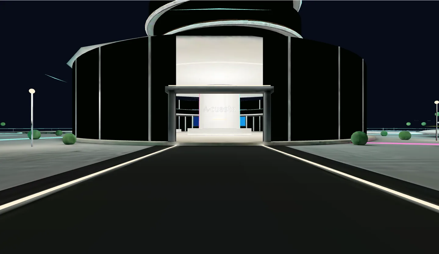 3Dの建物の玄関。夜の中、光る道の先にロビーが見える